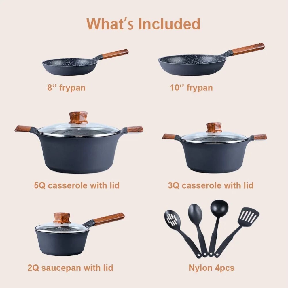 12 Piece Nonstick Black Pots and Pans Kitchen Set