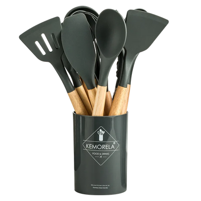 13PCS Silicone Cooking Kitchenware Set Wooden Handle Heat Resistant Nonstick Pan 304 Food Grade Baking Tools