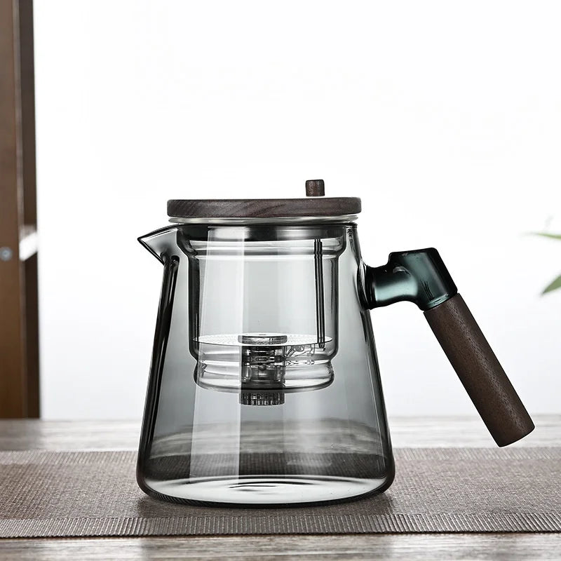 One Click Tea Separation Filtration Glass Tea Pot Wood Handle Tea Water Separation Inner Container Teapot With Infuser Filter