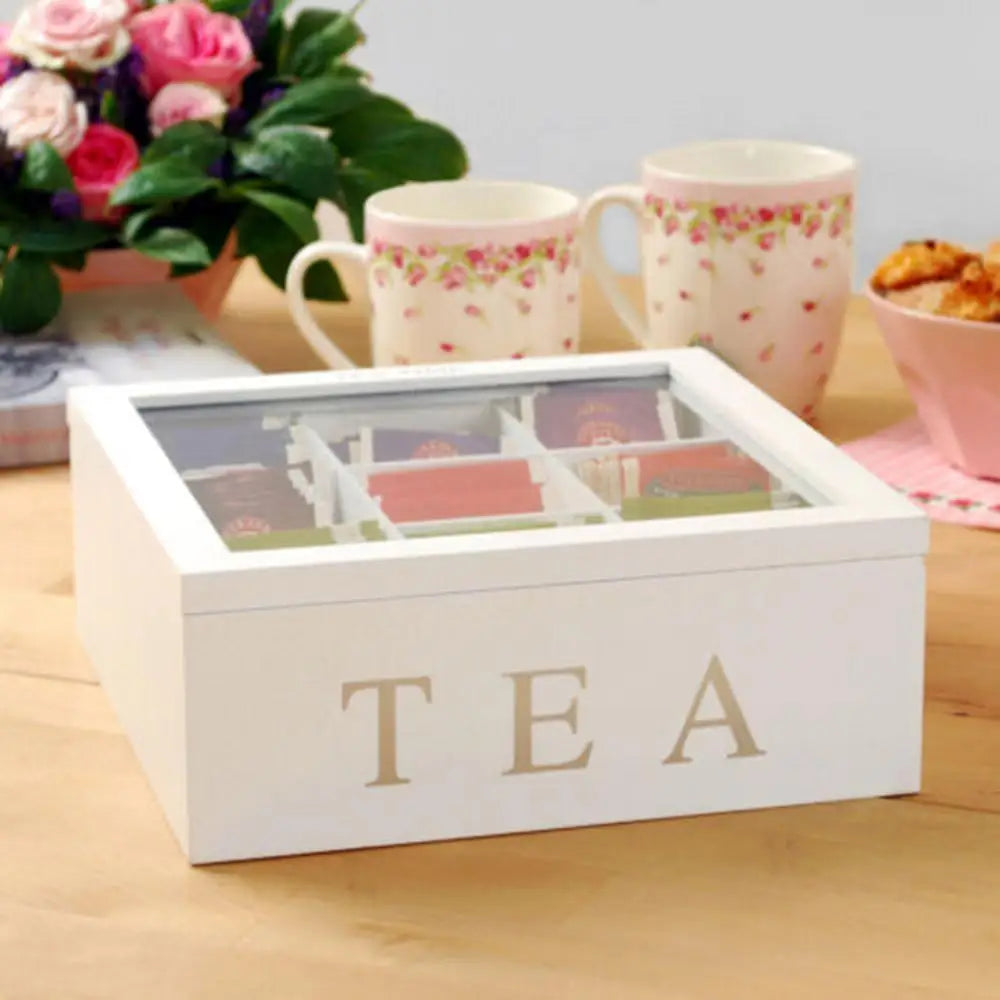 White Bamboo Tea Box With 9 Compartments Coffee Tea Bag Storage Holder Organizer For Kitchen Cabinets Home Tea Holders