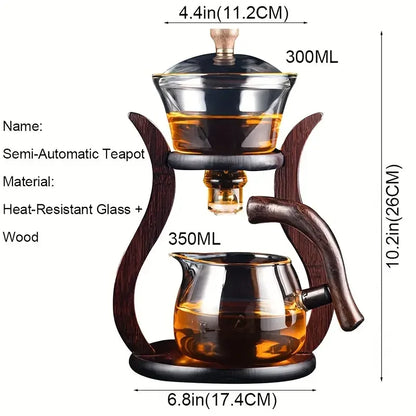 Lazy Kungfu Glass Tea Set, Magnetic Wooden Handle Tea Pot Set, Semi Automatic Drip Rotating with Infuser Glass Teapot Set