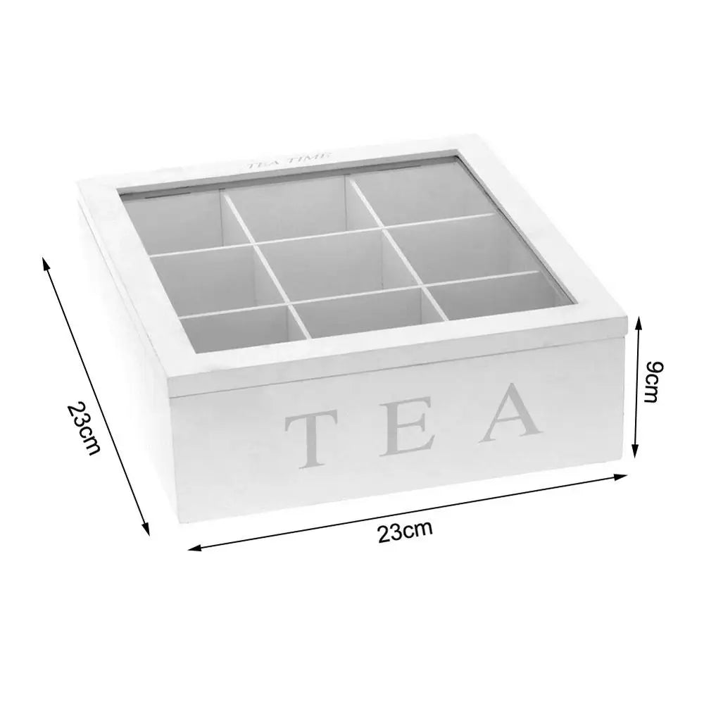 White Bamboo Tea Box With 9 Compartments Coffee Tea Bag Storage Holder Organizer For Kitchen Cabinets Home Tea Holders