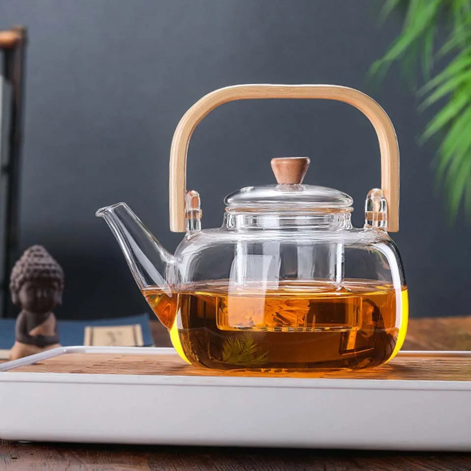 Handle Glass Tea pot Heat-Resistant Teapot Flower Tea Kettle Large Clear Fruit Juice Container Ceramic Teapot Holder Base