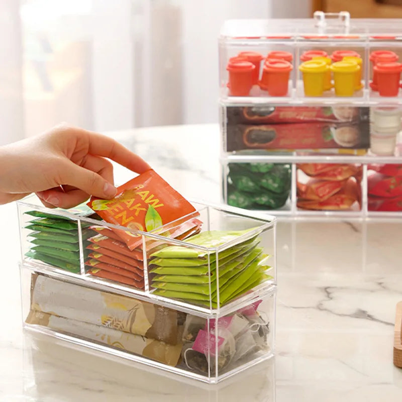 3 Cells Acrylic Storage Divider Box Tea Bag Storage Box Drawer Coffee Capsule Sorting Visible Box Acrylic Sealed Storage Tank