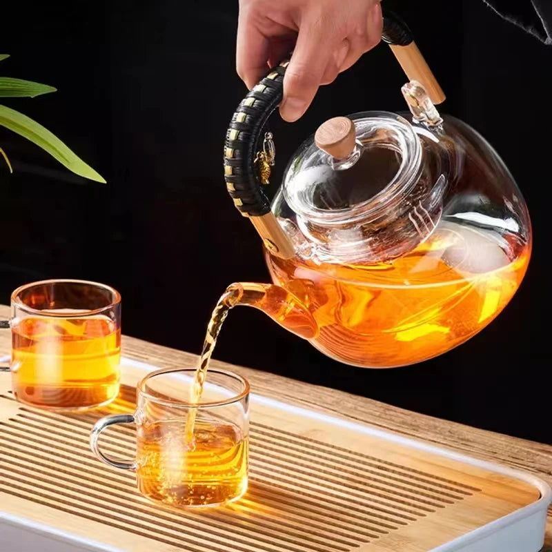 1000ml Glass Tea Pot with Weave Handle Chinese Heat-resistant Gass Teapot Transparent Steaming Tea Glass Kettle Tea Set