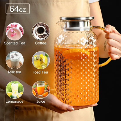 Glass Pitcher Glass Pitcher with Lid  High Borosilicate Glass Heavy Duty Water Pitcher for Cold/Hot Drinks Iced Tea Juice Milk