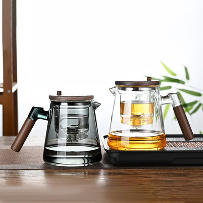 One Click Tea Separation Filtration Glass Tea Pot Wood Handle Tea Water Separation Inner Container Teapot With Infuser Filter