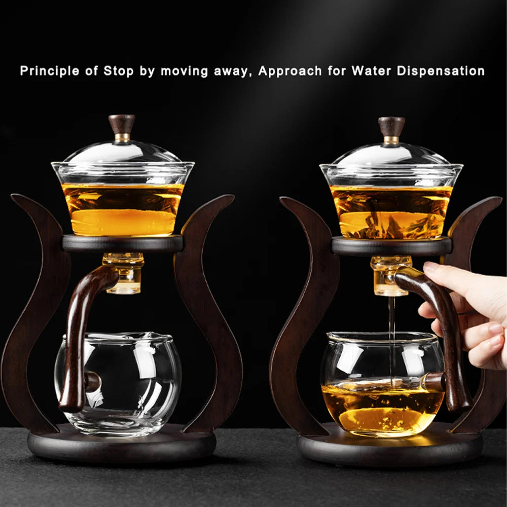 Lazy Kungfu Glass Tea Set, Magnetic Wooden Handle Tea Pot Set, Semi Automatic Drip Rotating with Infuser Glass Teapot Set