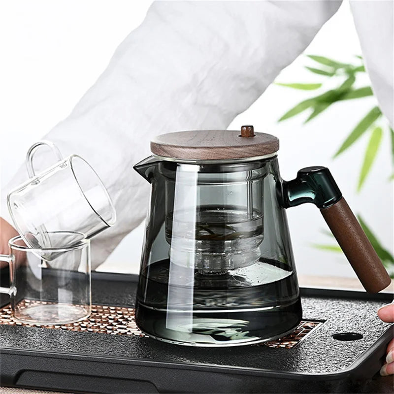 One Click Tea Separation Filtration Glass Tea Pot Wood Handle Tea Water Separation Inner Container Teapot With Infuser Filter