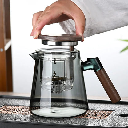 One Click Tea Separation Filtration Glass Tea Pot Wood Handle Tea Water Separation Inner Container Teapot With Infuser Filter