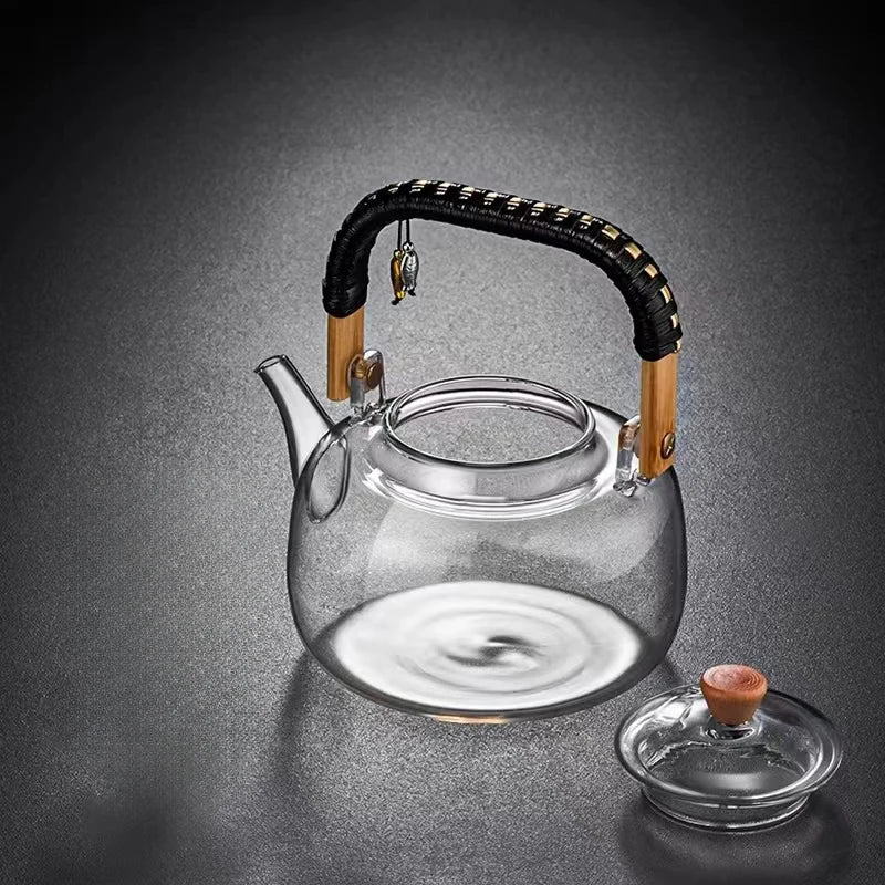 1000ml Glass Tea Pot with Weave Handle Chinese Heat-resistant Gass Teapot Transparent Steaming Tea Glass Kettle Tea Set