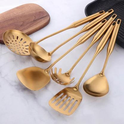1pc Gold Kitchenware Set Long Handle Cooking Tools Metal Polish Slotted Turner Stainless Steel Kitchen Accessories Utensil