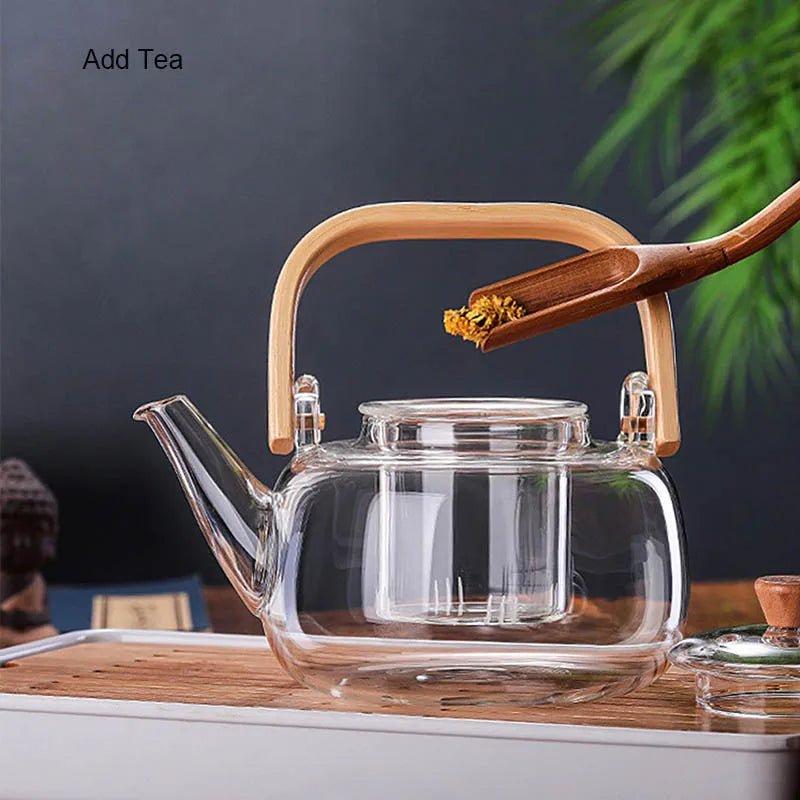 Handle Glass Tea pot Heat-Resistant Teapot Flower Tea Kettle Large Clear Fruit Juice Container Ceramic Teapot Holder Base