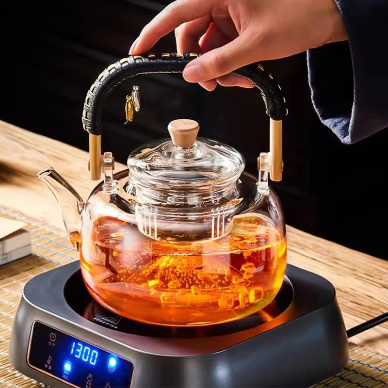 1000ml Glass Tea Pot with Weave Handle Chinese Heat-resistant Gass Teapot Transparent Steaming Tea Glass Kettle Tea Set