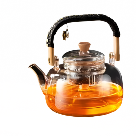 1000ml Glass Tea Pot with Weave Handle Chinese Heat-resistant Gass Teapot Transparent Steaming Tea Glass Kettle Tea Set