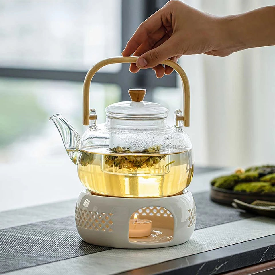 Handle Glass Tea pot Heat-Resistant Teapot Flower Tea Kettle Large Clear Fruit Juice Container Ceramic Teapot Holder Base