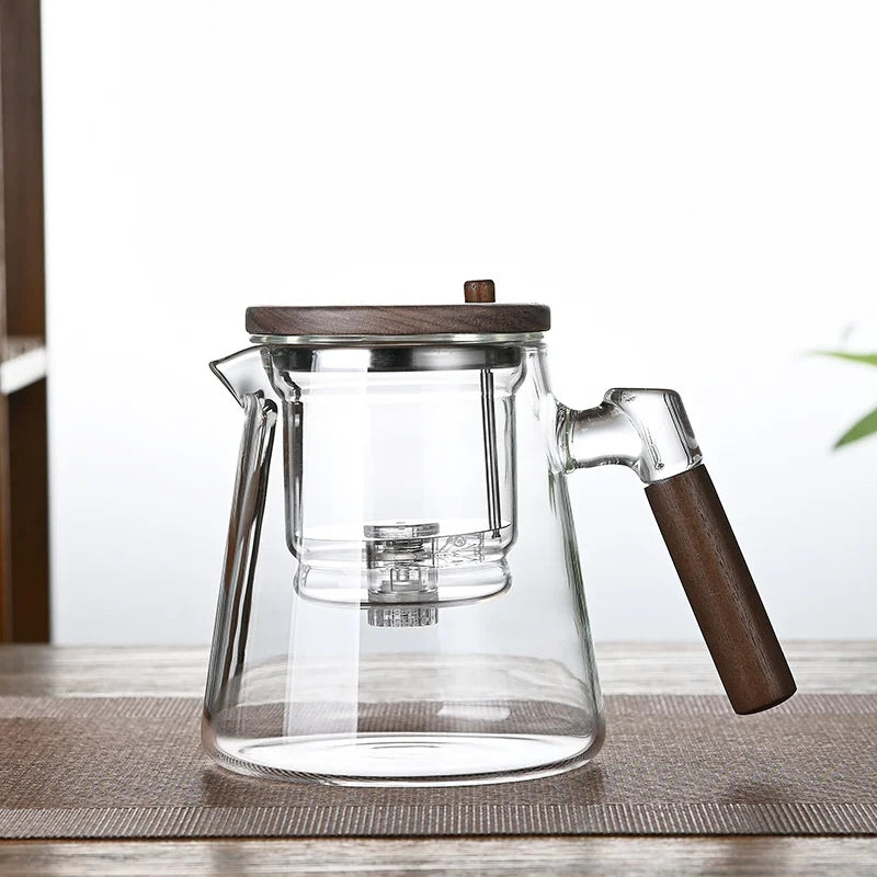 One Click Tea Separation Filtration Glass Tea Pot Wood Handle Tea Water Separation Inner Container Teapot With Infuser Filter