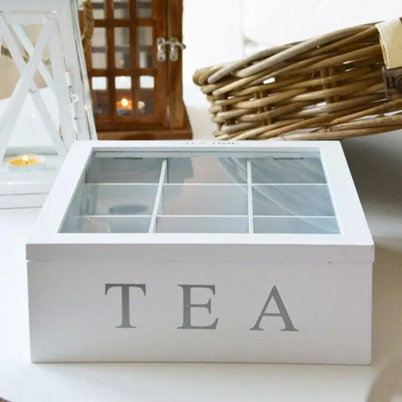 White Bamboo Tea Box With 9 Compartments Coffee Tea Bag Storage Holder Organizer For Kitchen Cabinets Home Tea Holders