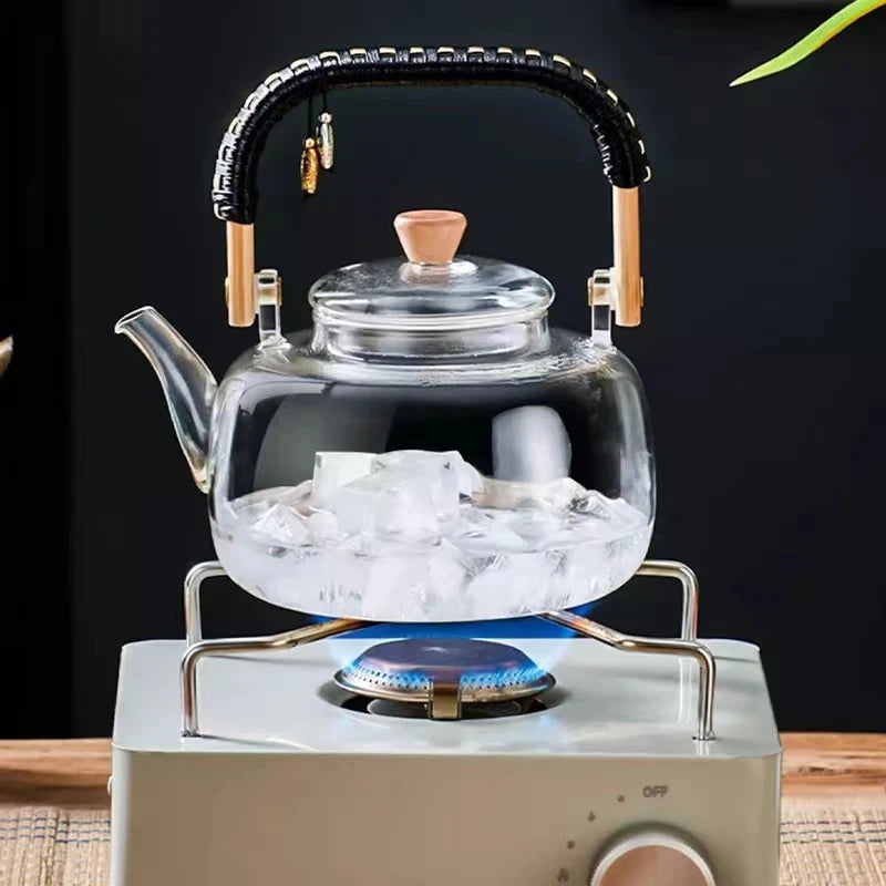 1000ml Glass Tea Pot with Weave Handle Chinese Heat-resistant Gass Teapot Transparent Steaming Tea Glass Kettle Tea Set