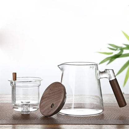 One Click Tea Separation Filtration Glass Tea Pot Wood Handle Tea Water Separation Inner Container Teapot With Infuser Filter