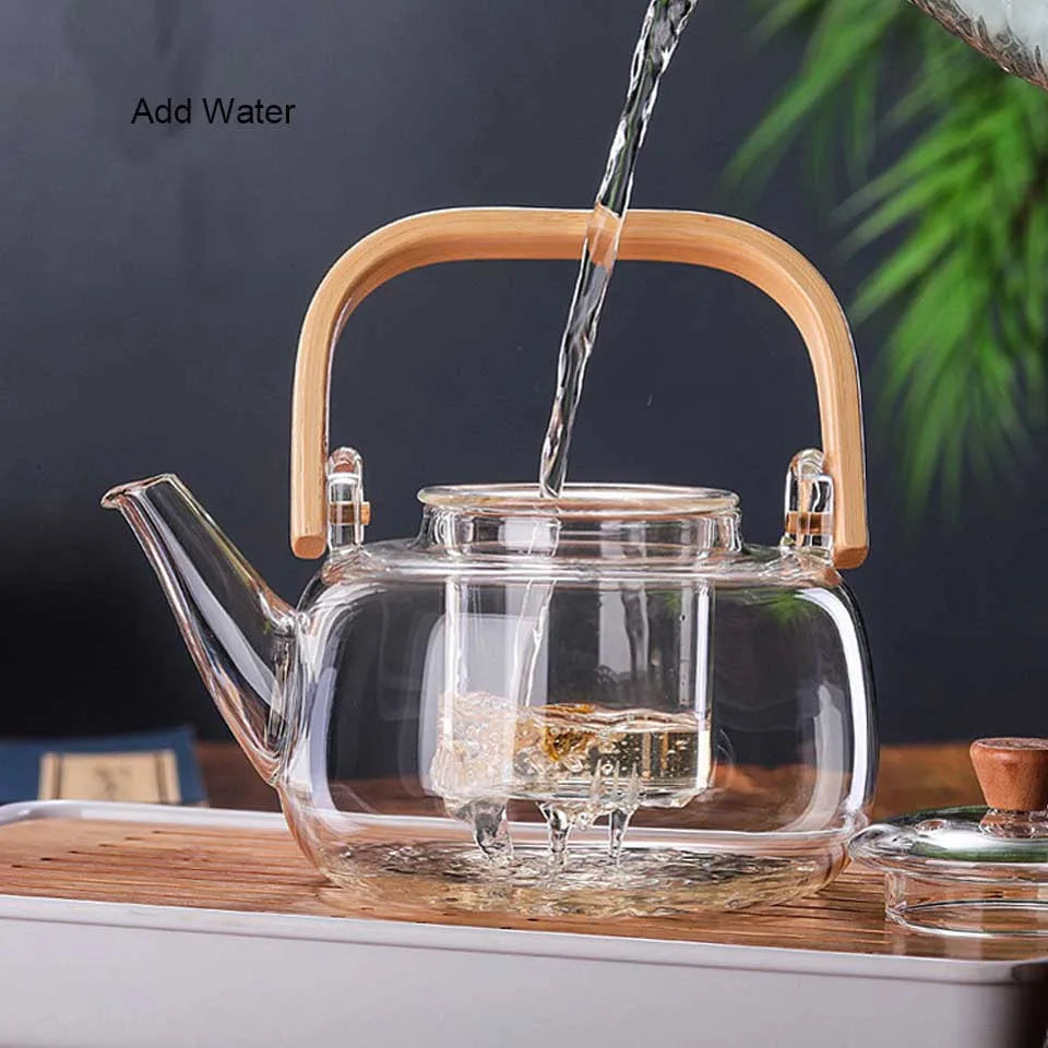 Handle Glass Tea pot Heat-Resistant Teapot Flower Tea Kettle Large Clear Fruit Juice Container Ceramic Teapot Holder Base